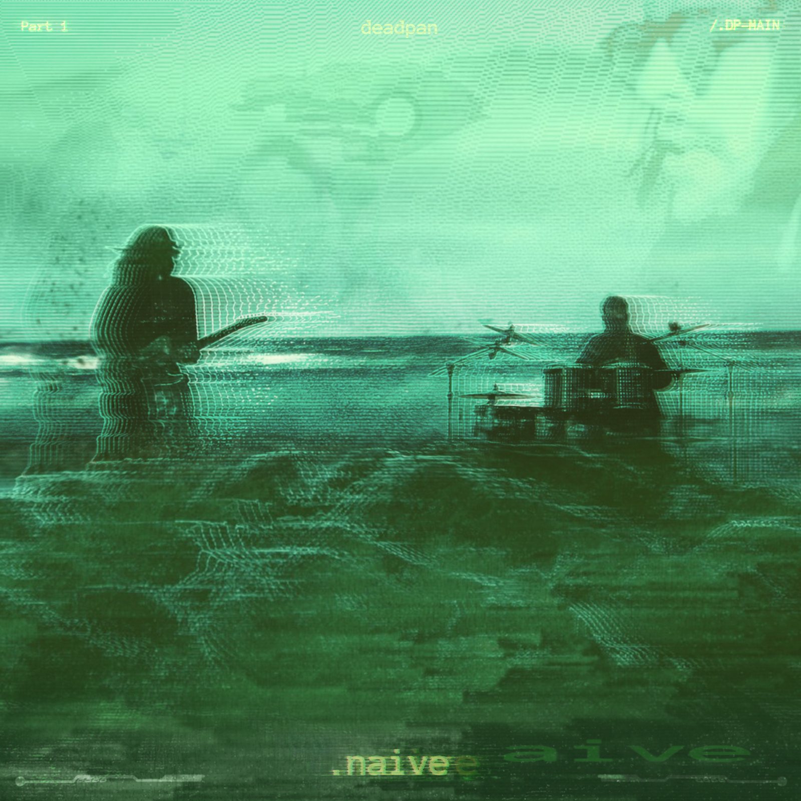 Capa de .naive: guitarrista e baterista tocando na beira do mar, em verde com glitch